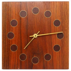 Vintage Walnut and Inlaid Brass Wall Clock by Stilecraft