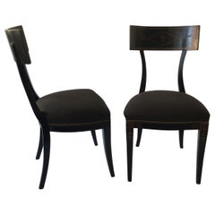 Pair of 1920s Neo Classical Black Klismos Chairs, Painted Classical Motif