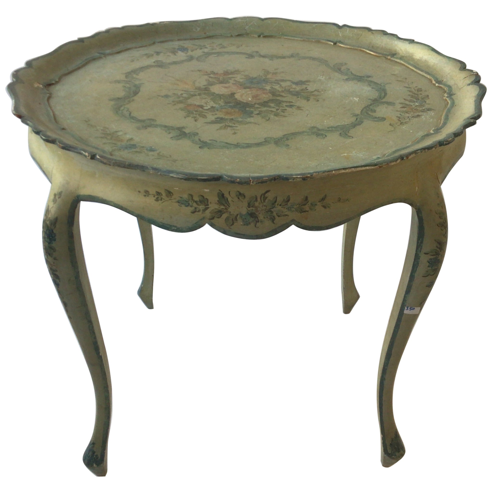 1950s Italian Hand Painted Teal  Floral Table For Sale