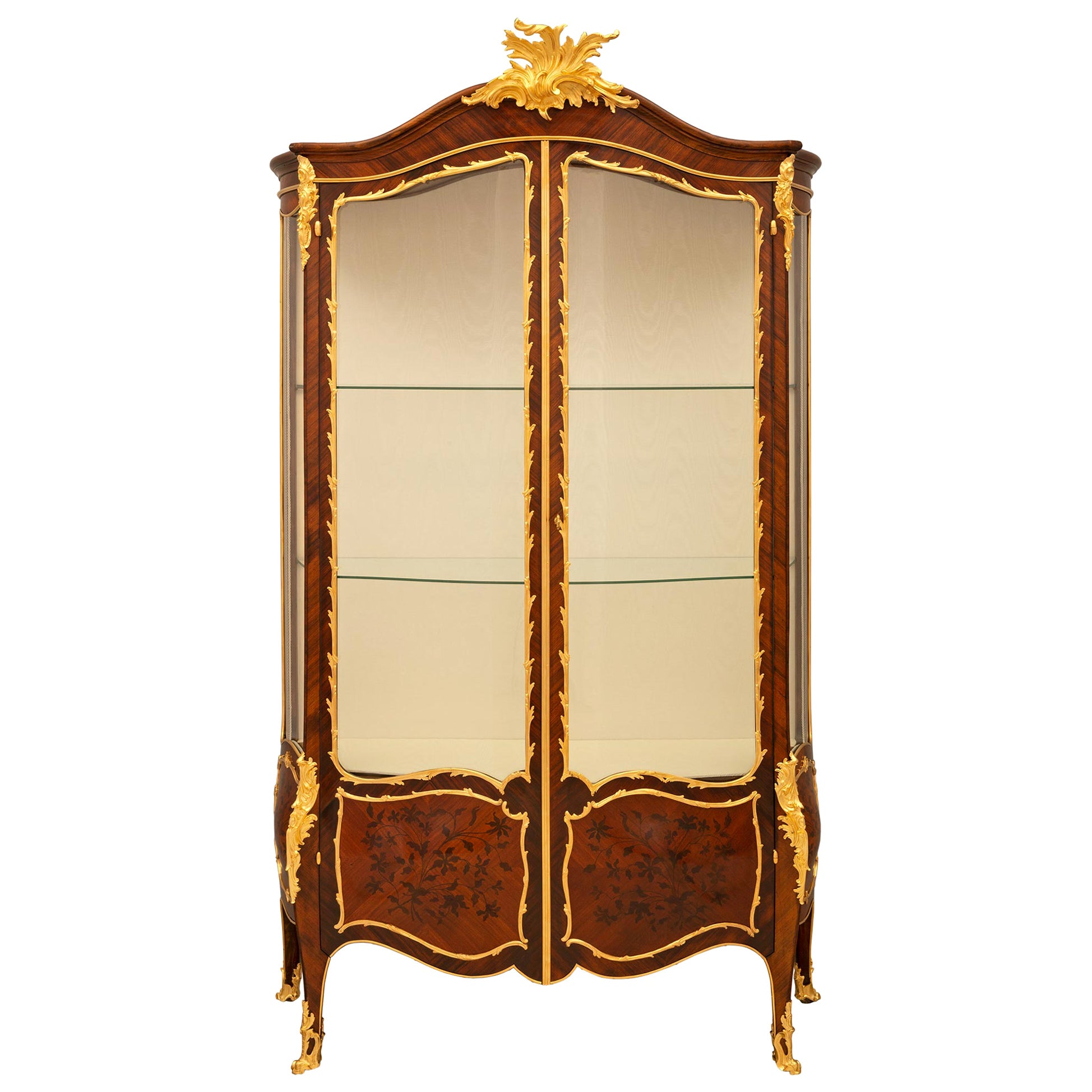 French 19th Century Louis XV St. Kingwood, Tulipwood and Ormolu Cabinet Vitrine For Sale