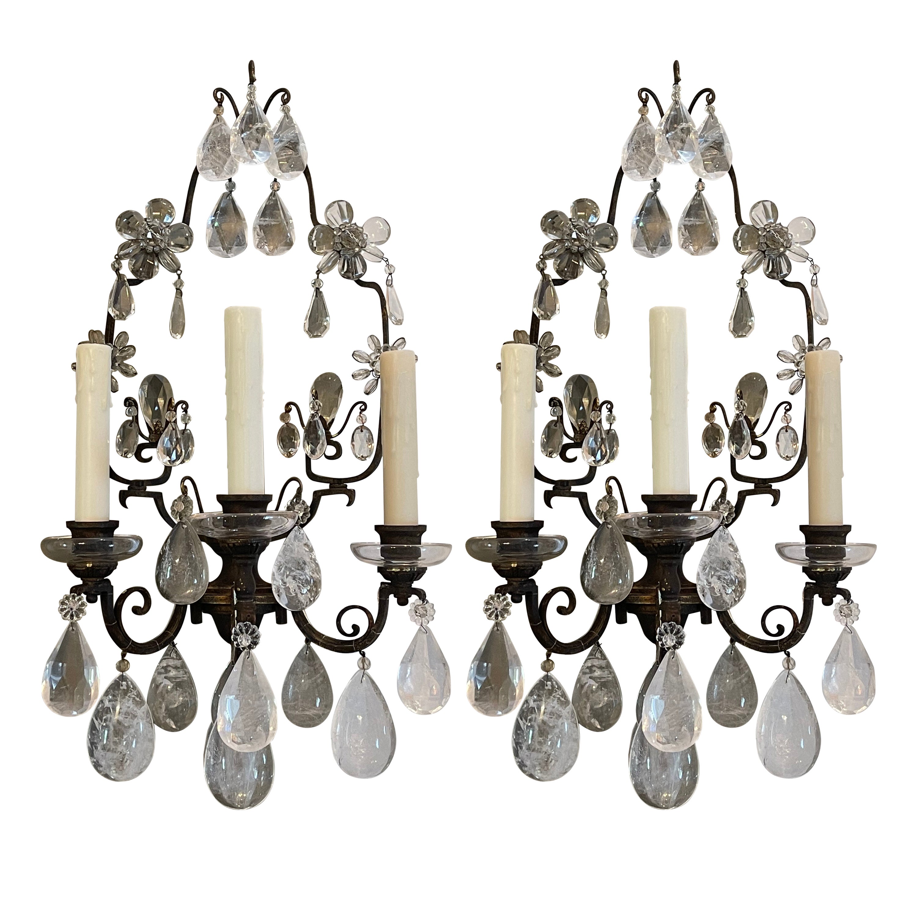 Pair of Early 20th Century Bronze and Rock Crystal Wall Sconces For Sale