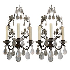 Antique Pair of Early 20th Century Bronze and Rock Crystal Wall Sconces