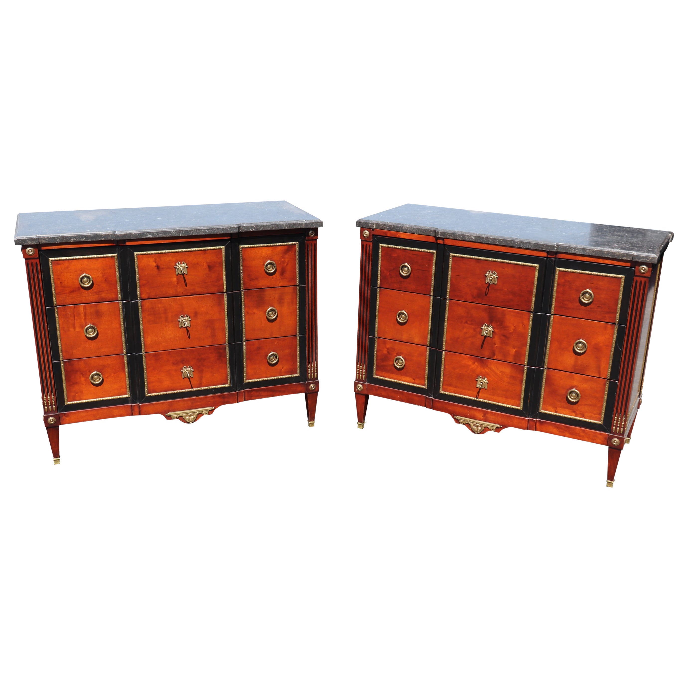 Pair Hand-Made Custom French Bronze Mounted Cherry and Ebonized Commodes For Sale