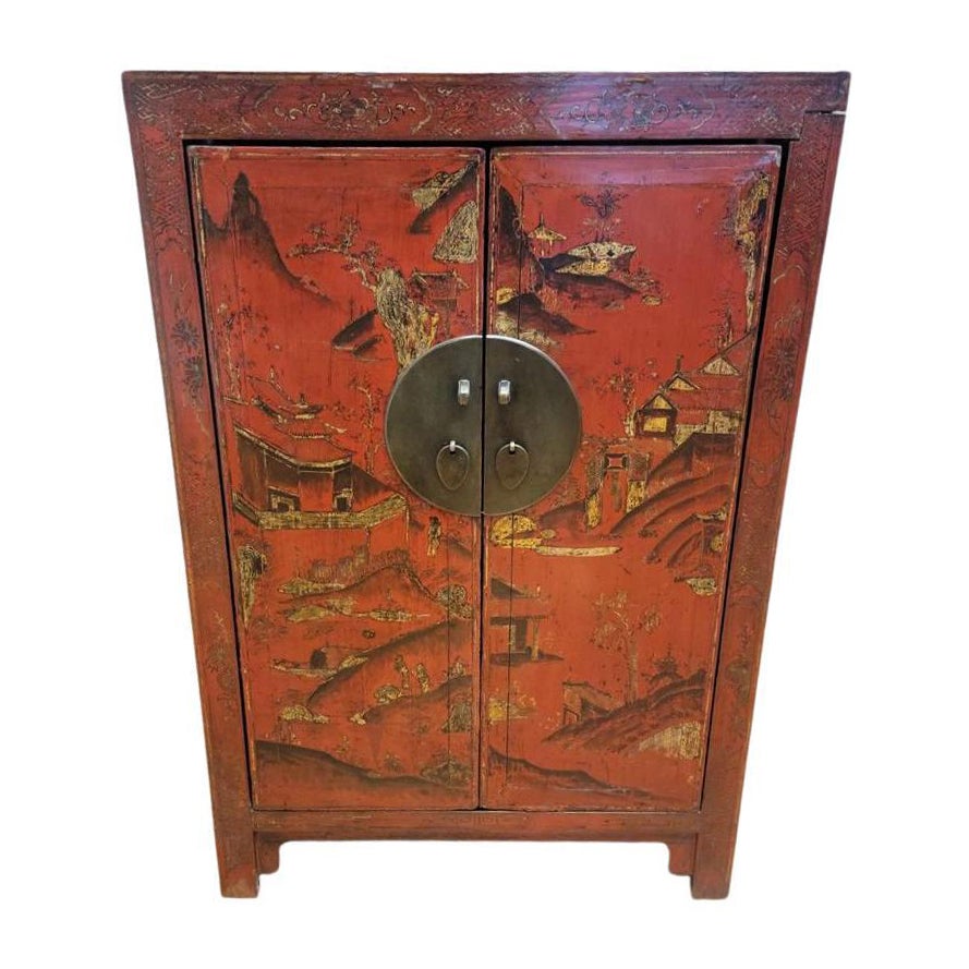 Antique Shanxi Province Red Lacquer Chinoiserie Cabinet  