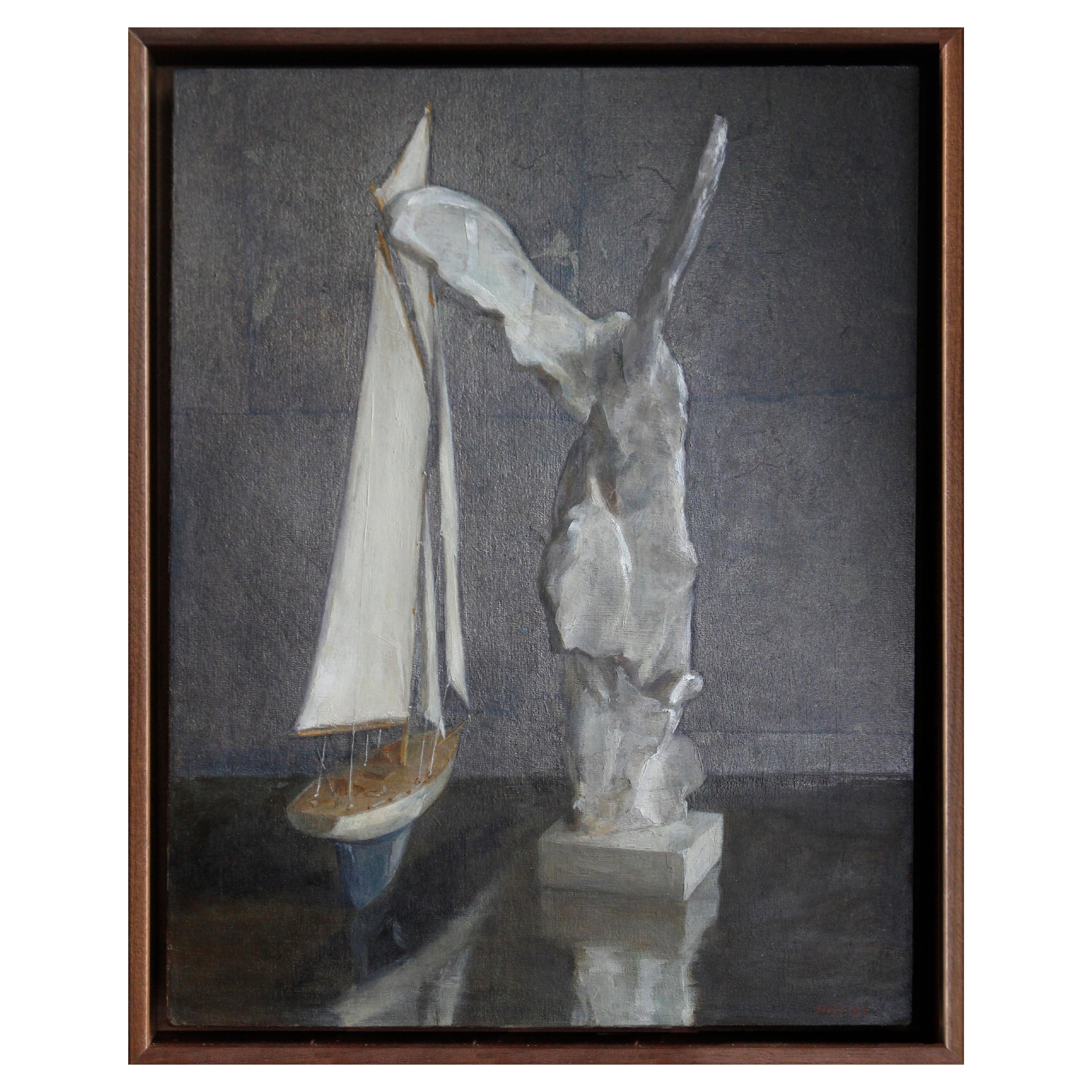 Sail and Nike, Still Life with Toy Boat and Winged Victory, Silver Leaf and Oil