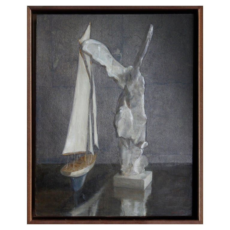Sail and Nike, Still Life with Toy Boat and Winged Victory, Silver Leaf and Oil For Sale
