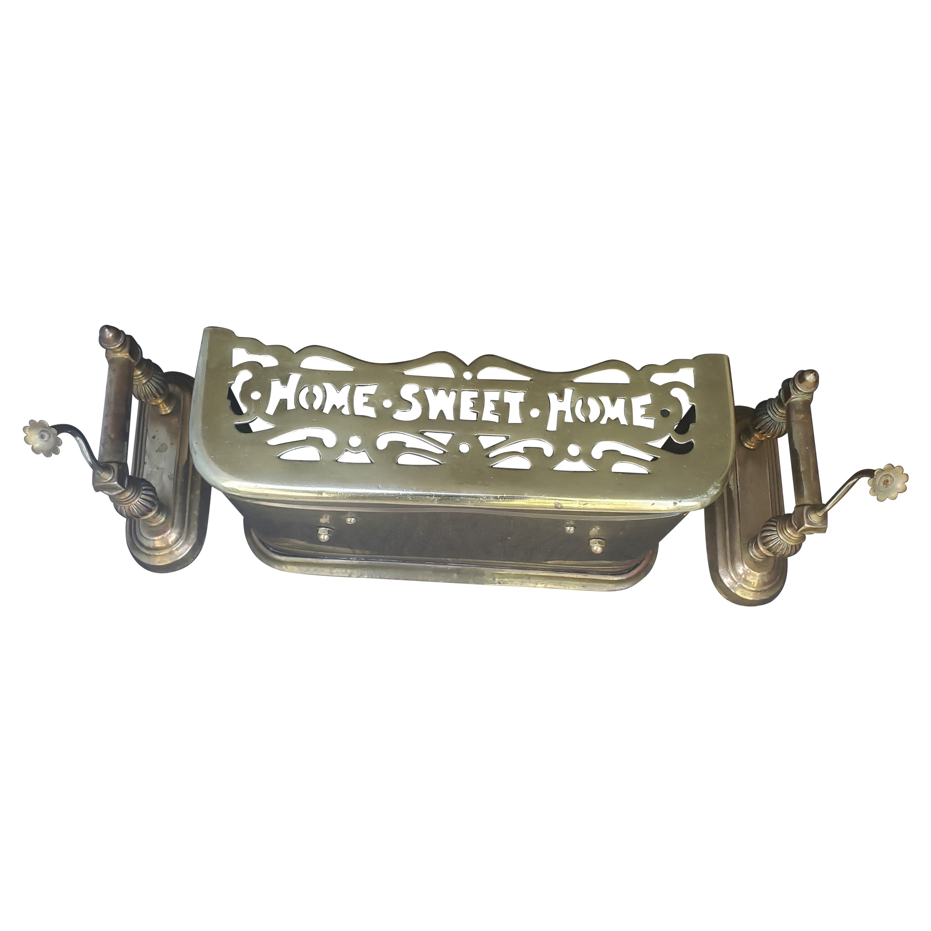 "Home Sweet Home" Solid Brass Fireplace Fender and Fireplace Dogs Set For Sale