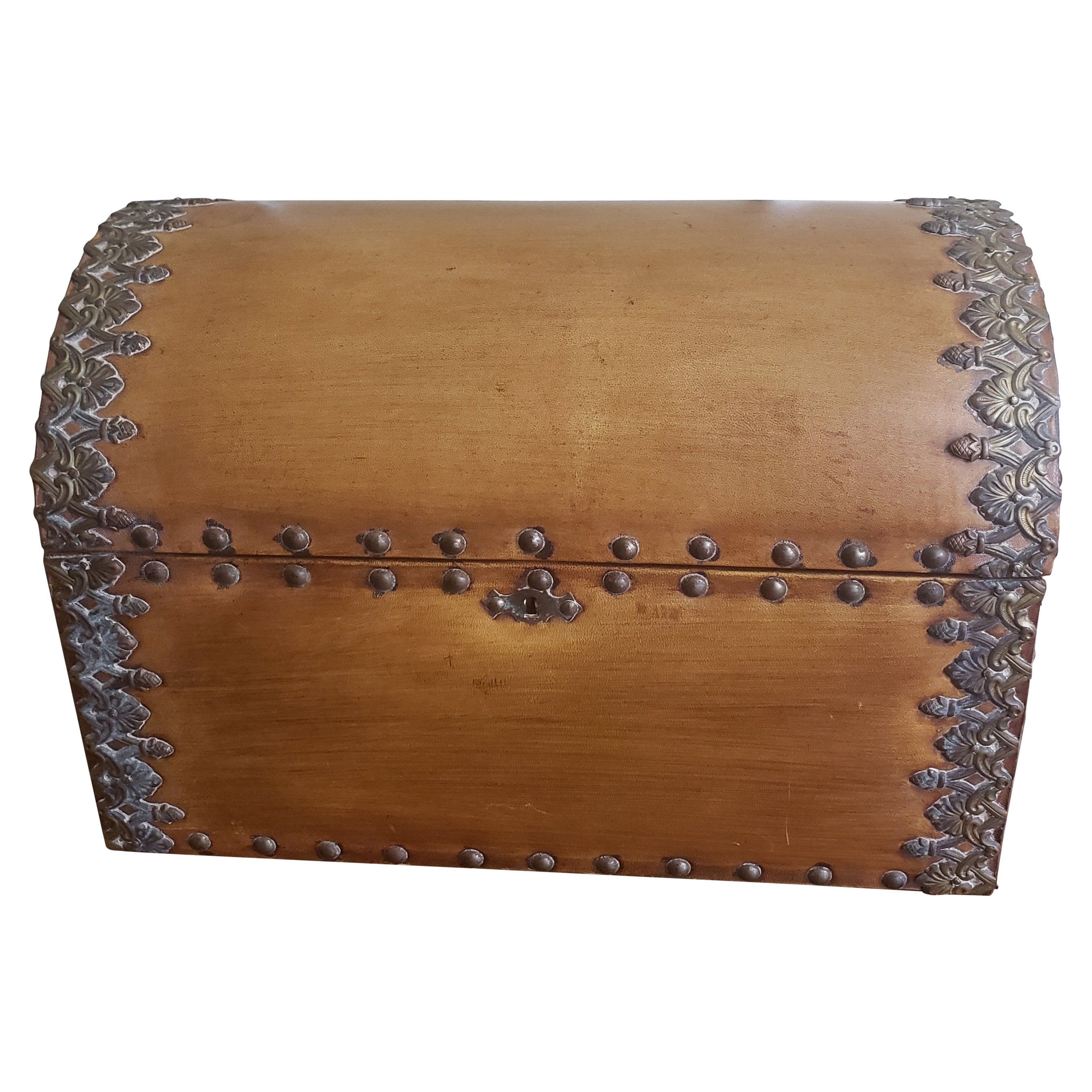 20th Century Spanish Colonial Style  Ornate Leather & Nail Heads Document Chest For Sale