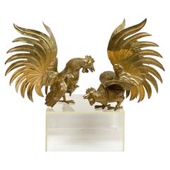 Vintage Brass Figurine Roosters, a Pair 