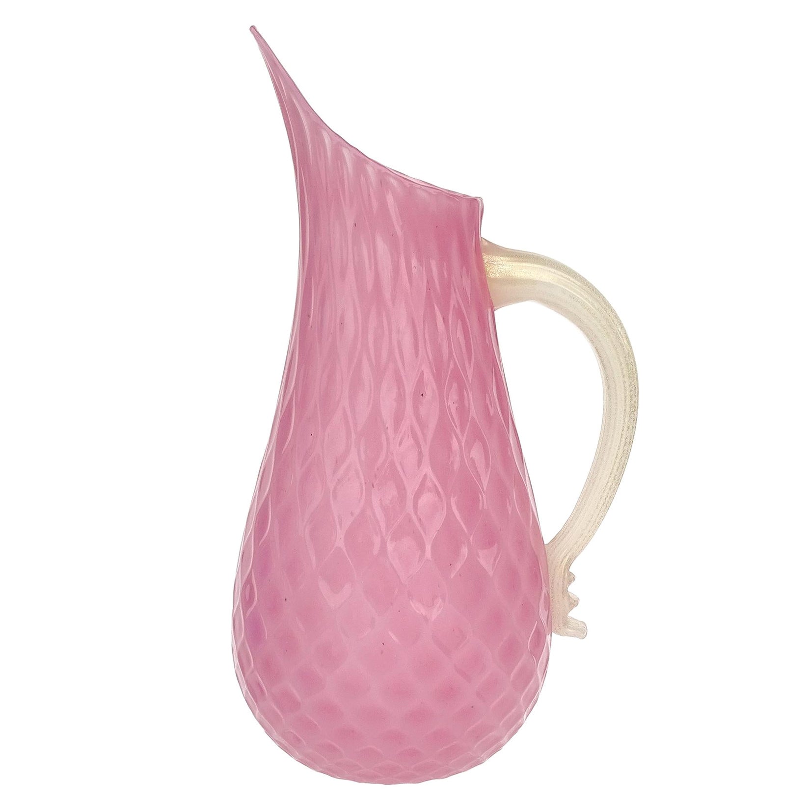 Murano Pink Opalescent Gold Flecks Quilted Italian Art Glass Pitcher Flower Vase