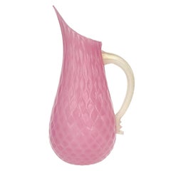 Murano Pink Opalescent Gold Flecks Quilted Italian Art Glass Pitcher Flower Vase