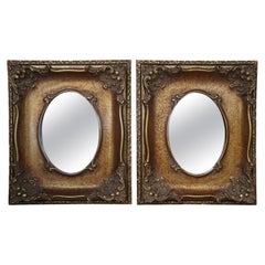 2 Vintage Italian Baroque Revival Small Gold Gilded Oval Mirrors Ornate Pair