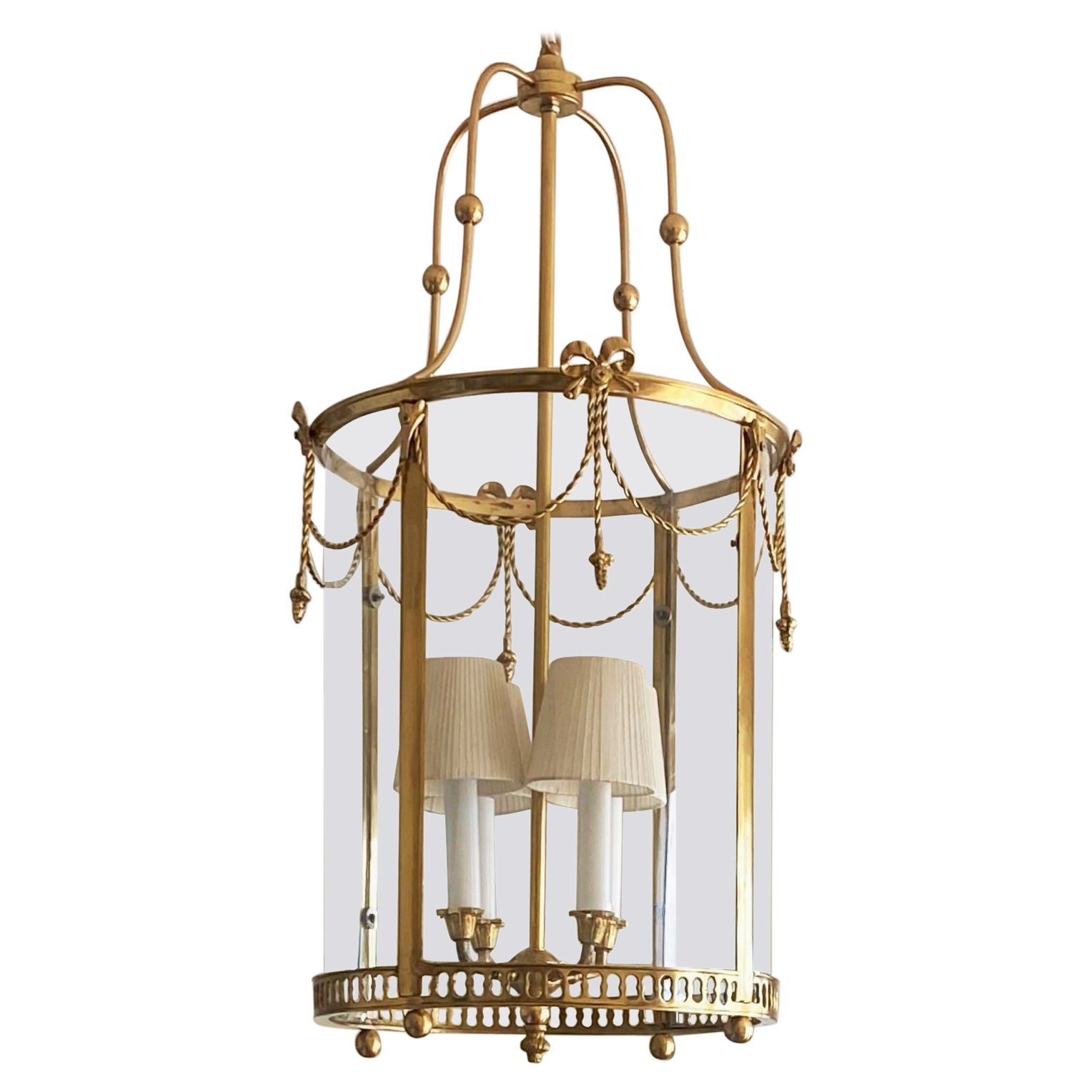 Large French Louis XVI Style Gilt Bronze Crystal Four-Light Lantern, 1920-1930 For Sale