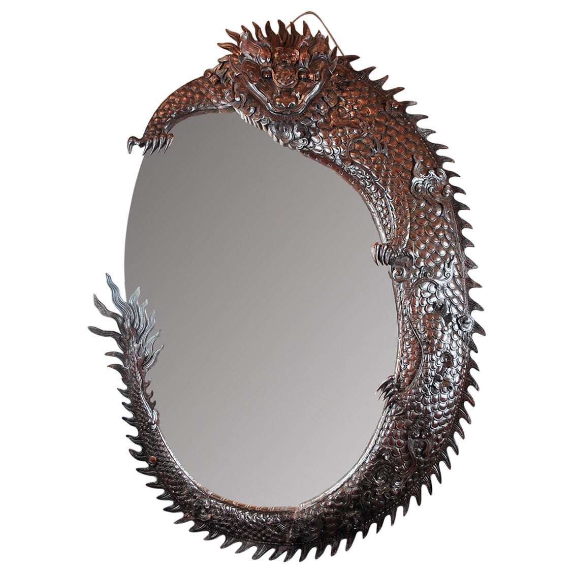 Large Dragon Mirror in Finely Carved Iron Wood, 1900s For Sale