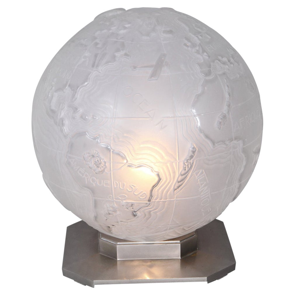 Art Deco World Light Map in Molded Glass by Genet Et Michon