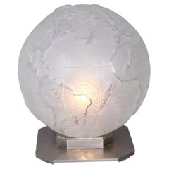 Art Deco World Light Map in Molded Glass by Genet Et Michon