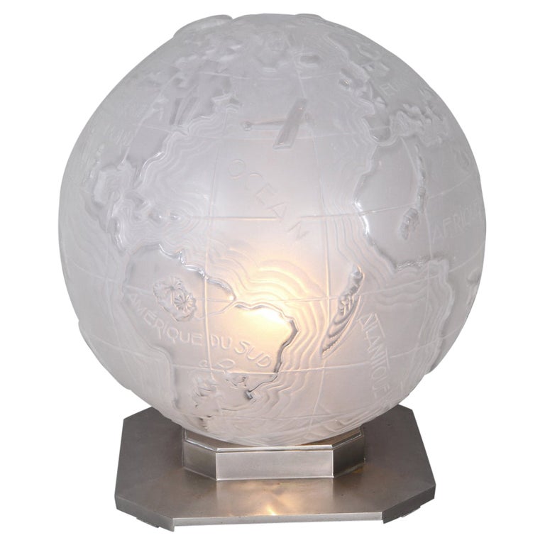 Art Deco World Light Map in Molded Glass by Et Michon For Sale at