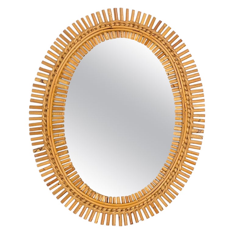 Mid-Century Rattan & Bamboo Oval Wall Mirror, Italy, 1960s For Sale