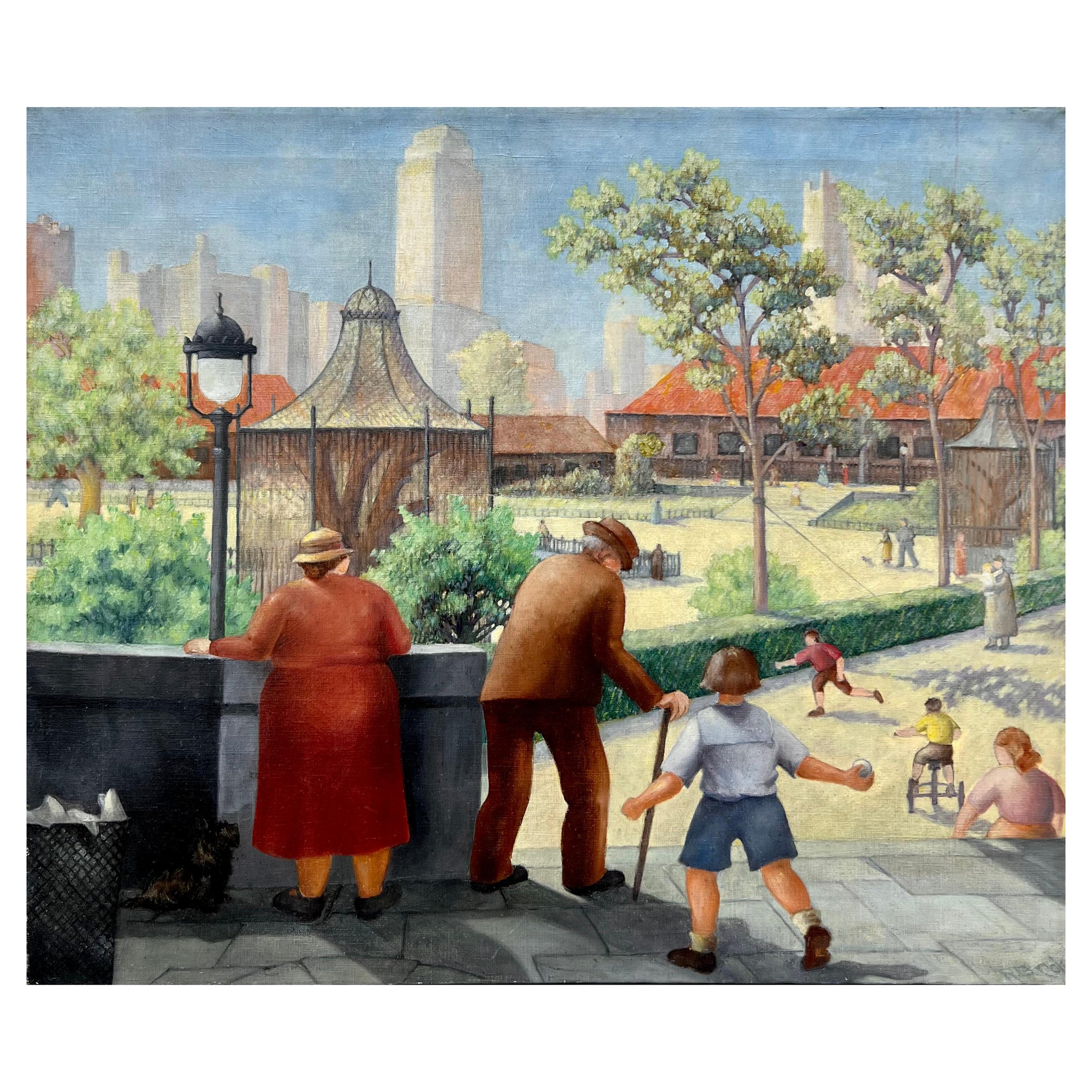 WPA Painting Featuring Visitors to the Zoo For Sale
