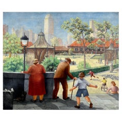 Vintage WPA Painting Featuring Visitors to the Zoo