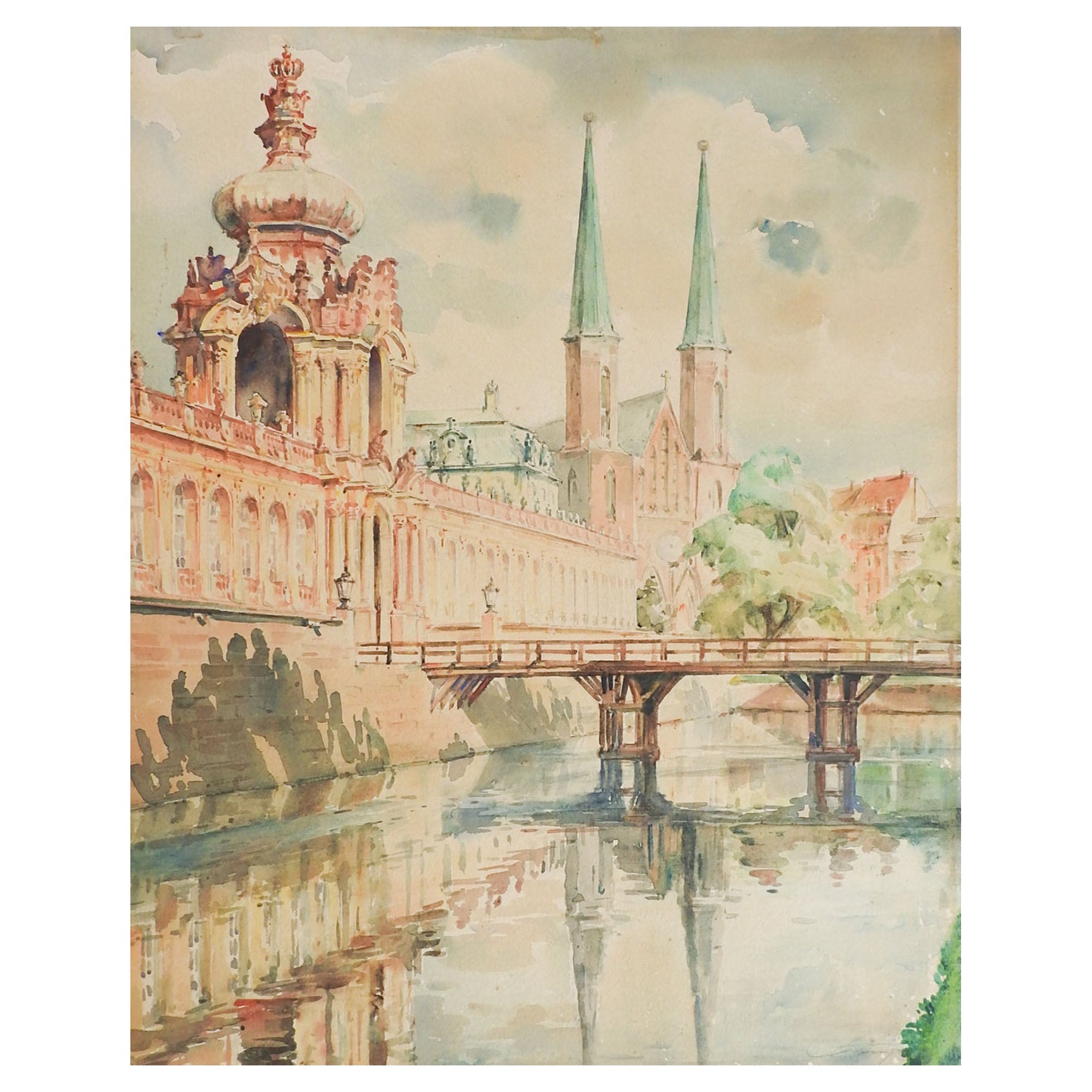 Vintage Dresden Crown Gate Palace Watercolor Painting For Sale