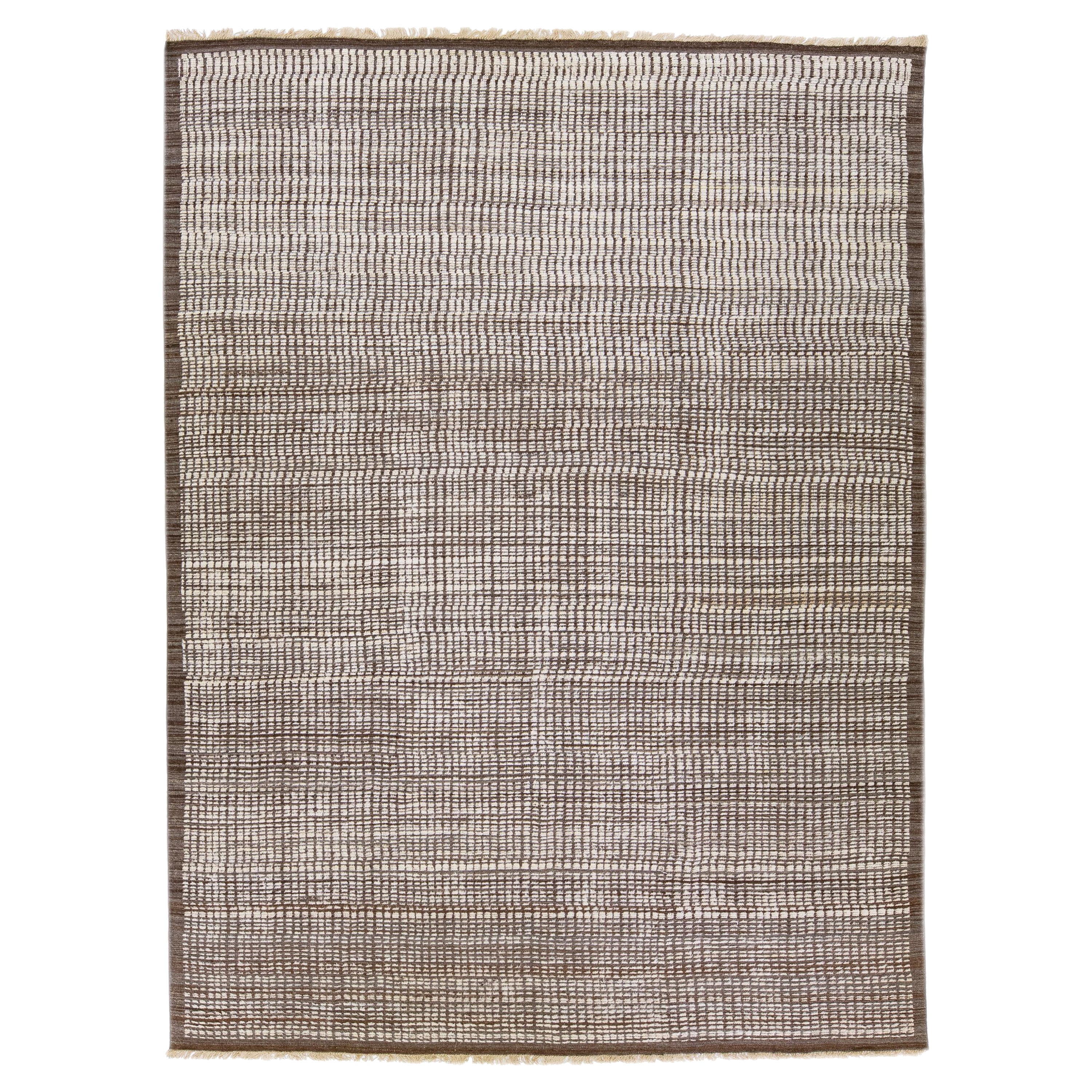 Modern Moroccan Style Handmade Brown Wool Rug with Minimalist Design For Sale