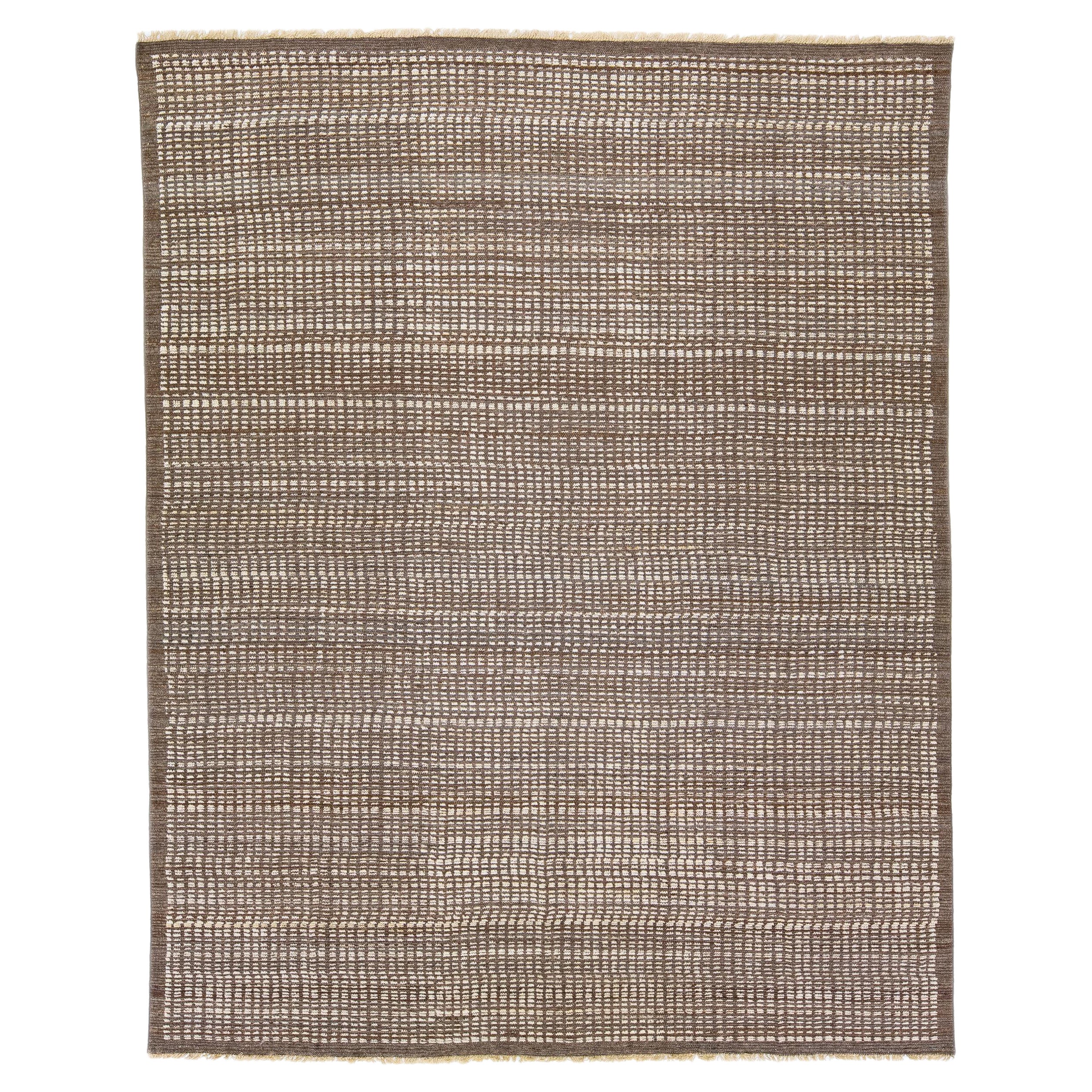 Modern Moroccan Style Handmade Solid Brown Wool Rug For Sale