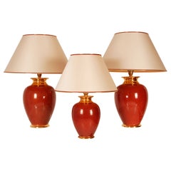 Chinoiserie Oriental Red Oxblood and Gold Porcelain Vase Table Lamps, Set of 3