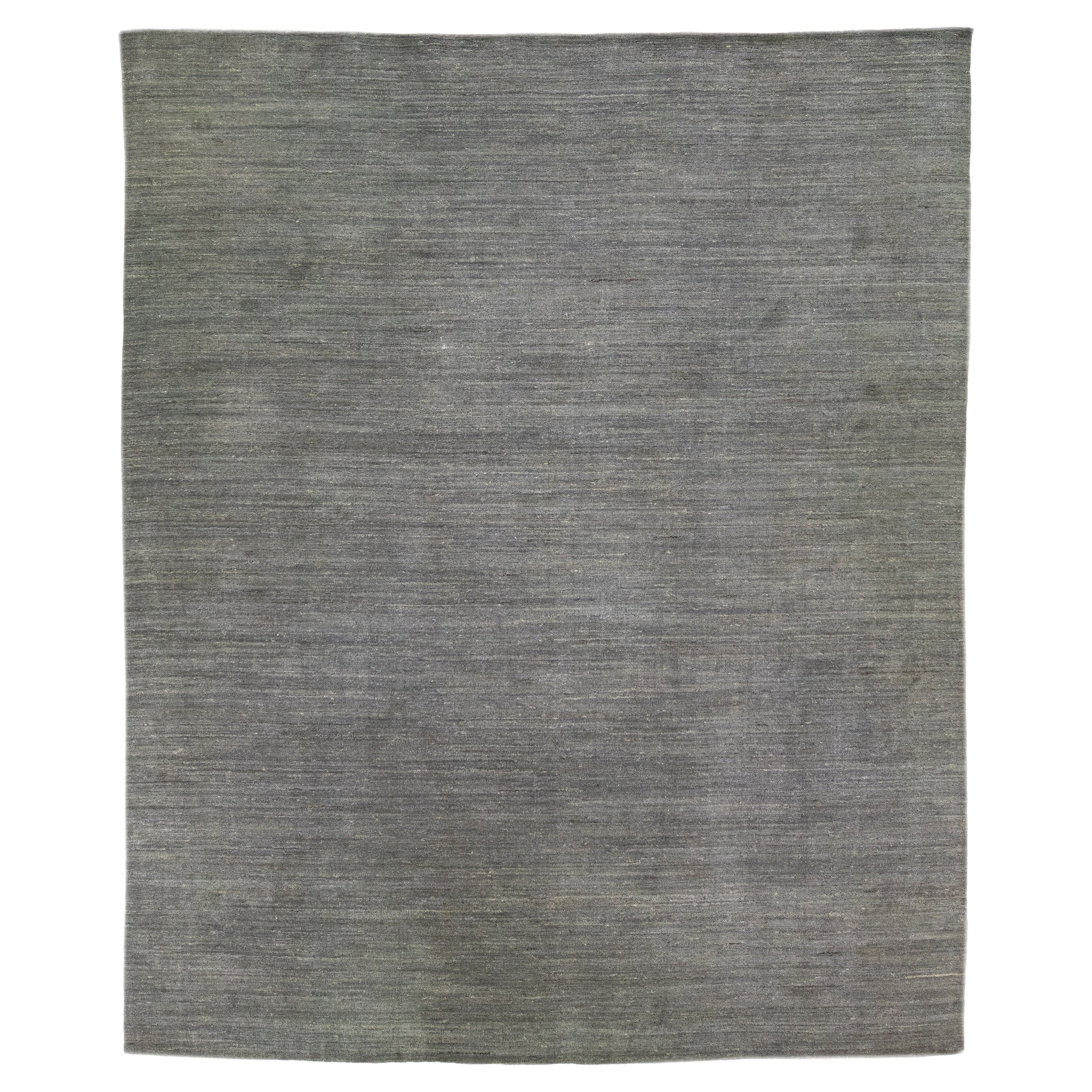 Modern Gabbeh Style Gray Handmade Oversize Wool Rug with Solid Design For Sale