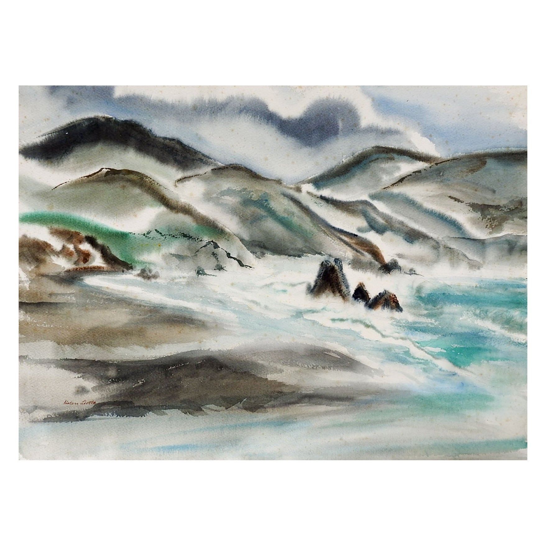 Vintage Modernist Coastal Seascape Watercolor Painting For Sale