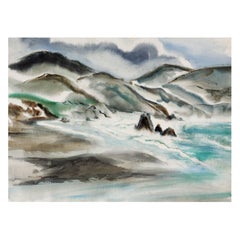 Modernistische Coastal Seascape Aquarell-Gemälde, Vintage