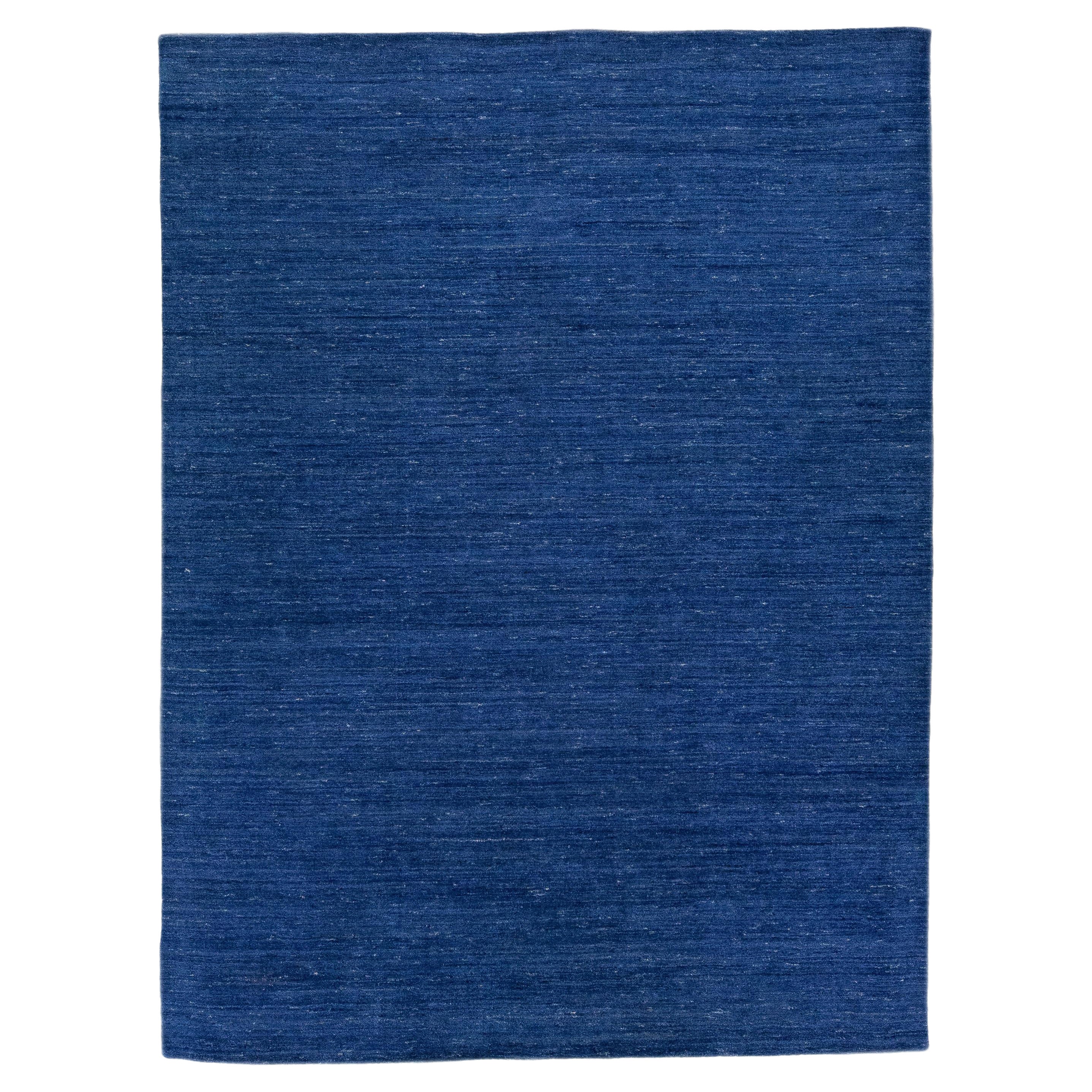 Blue Modern Gabbeh Style Handmade Solid Motif Wool Rug