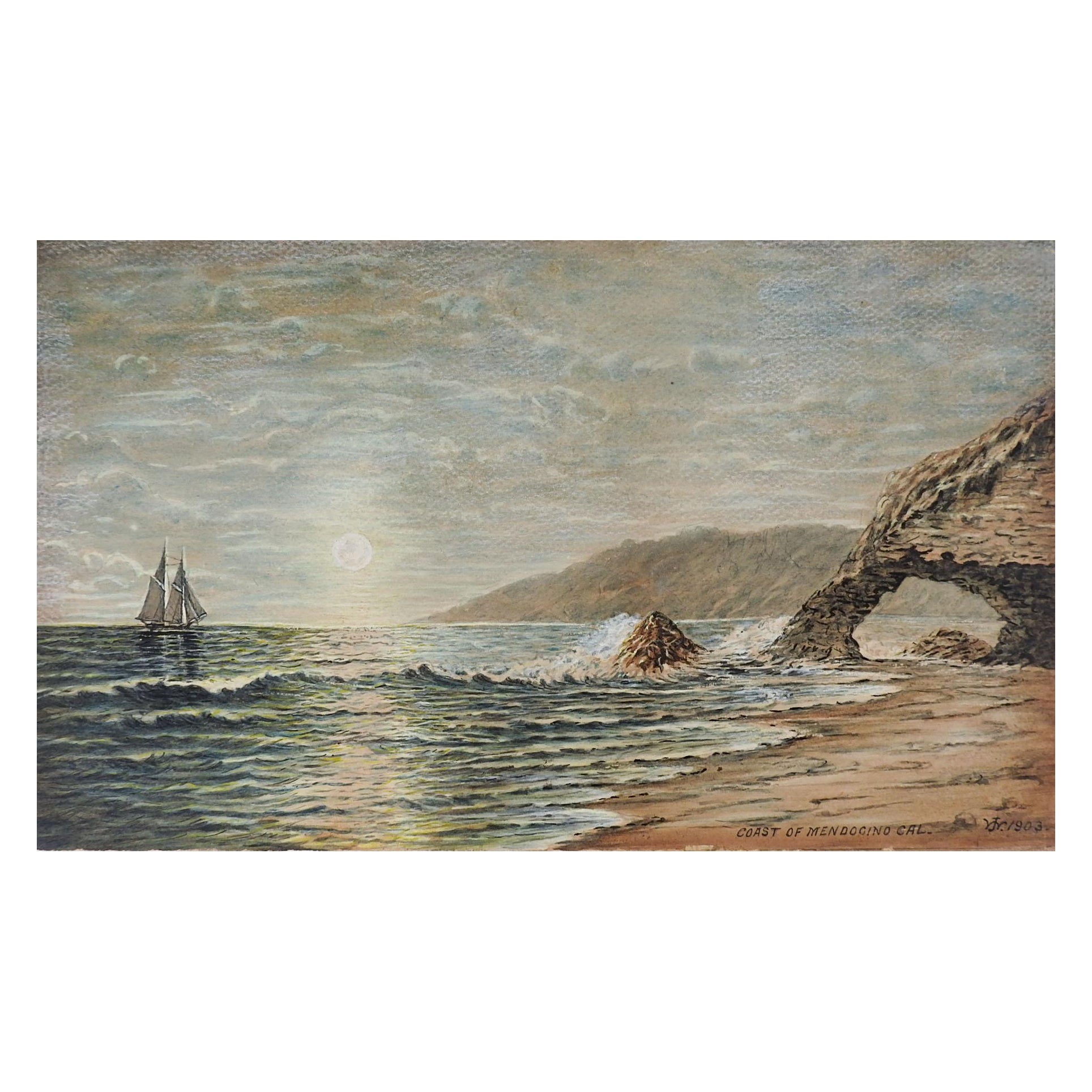 Antique 1903 California Coast Watercolor Painting