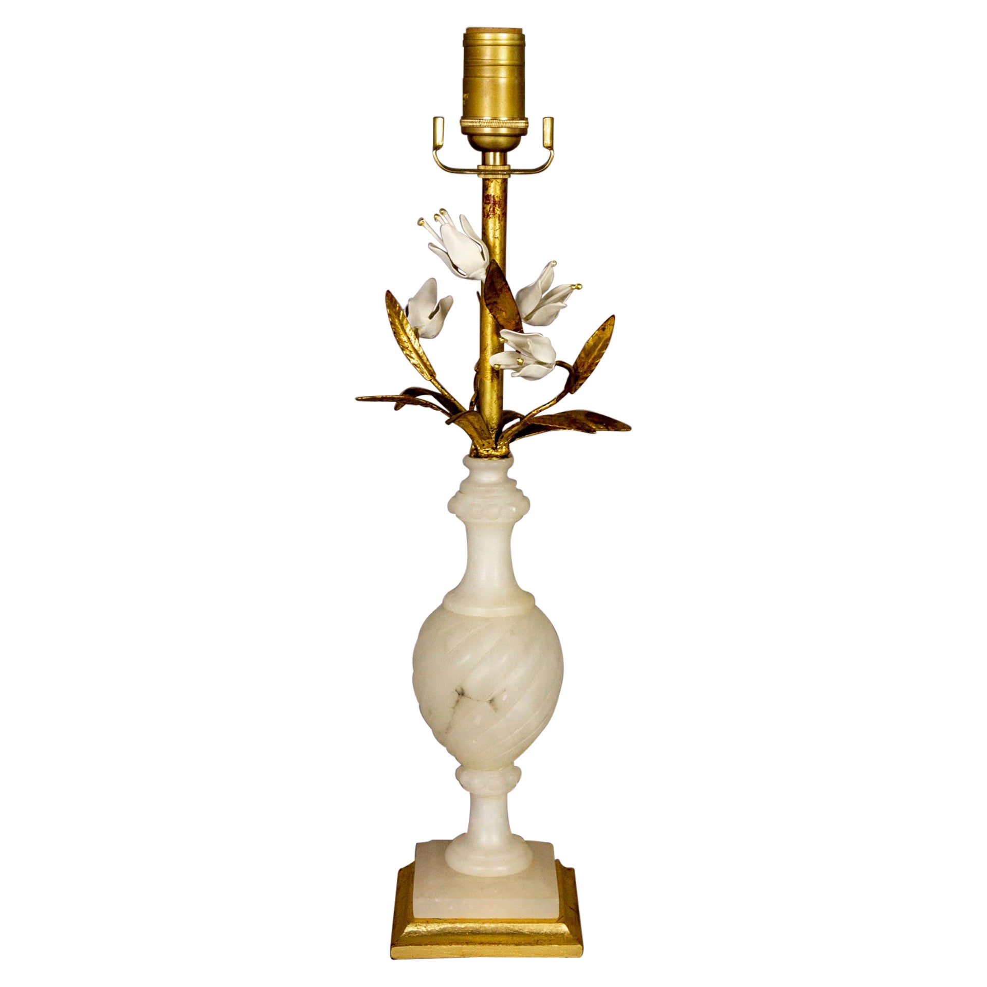 Alabaster Balustraude Gilt Tole Flower Table Lamp