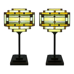 Arts & Crafts Style Table Lamps with Stained Glass Shades, Patinated Metal Bases
