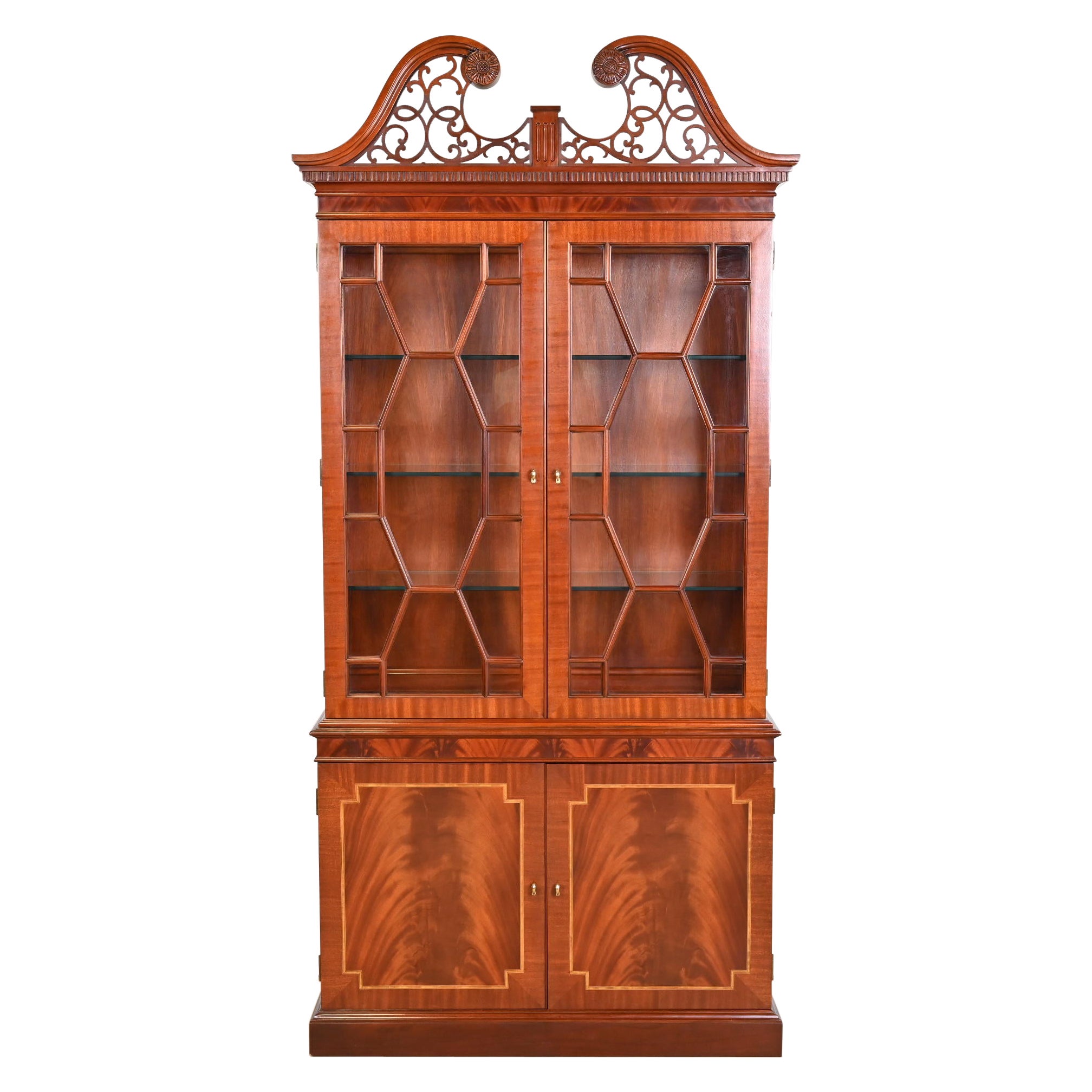 Councill Furniture Georgian Flame Mahogany Lighted Breakfront Bookcase Cabinet