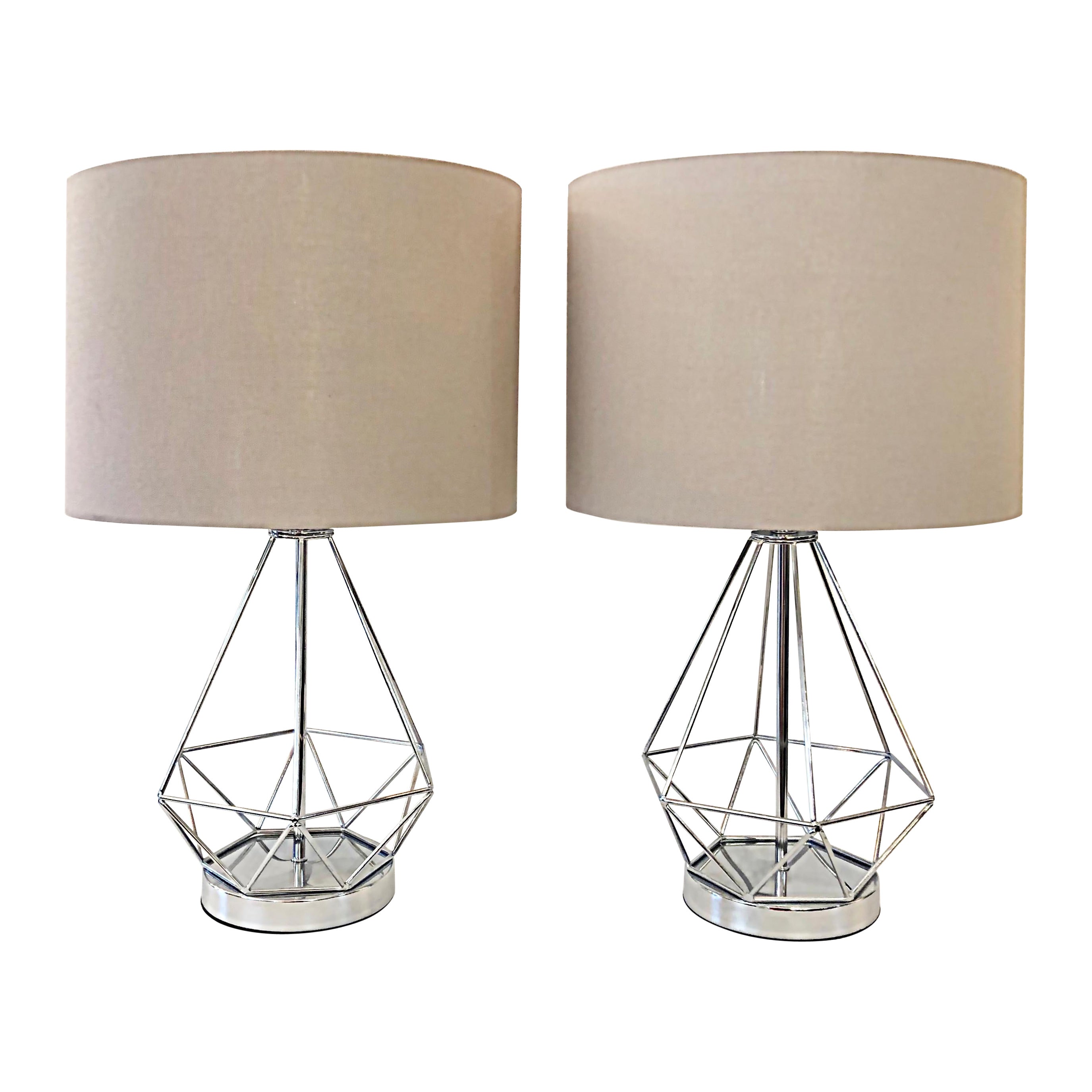 Vintage Chrome Geometric Table Lamps, USB Charging Port on Base For Sale