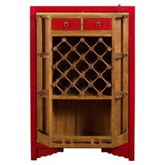 Antique Style Red Lacquered Liquor Cabinet with Revolving Hidden Panel