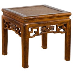 Qing Dynasty 19th Century Side Table with Rattan Top and Carved Apron