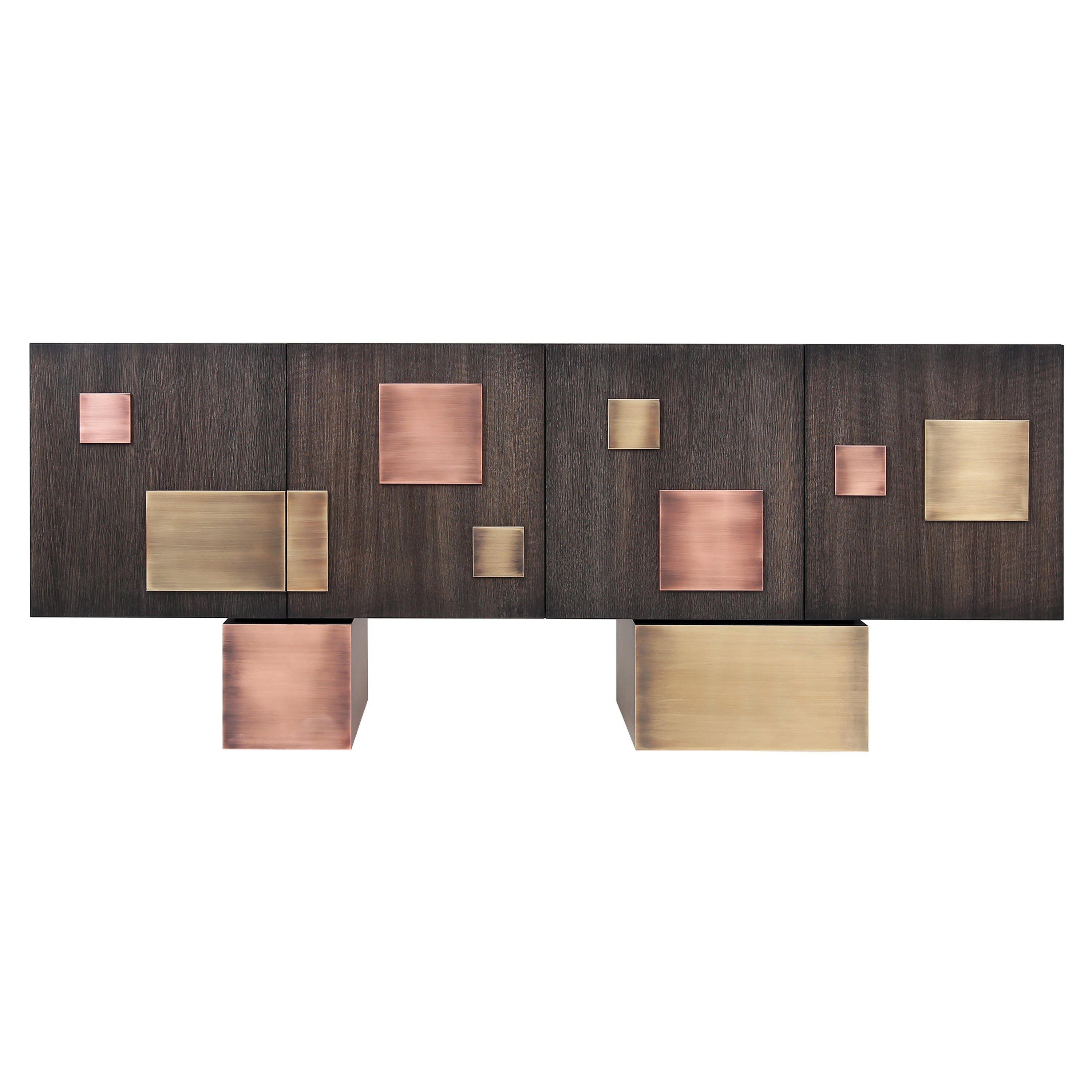 Contemporary Silenus Sideboard Ebonized Oak Veneer Patina Brass and Copper For Sale
