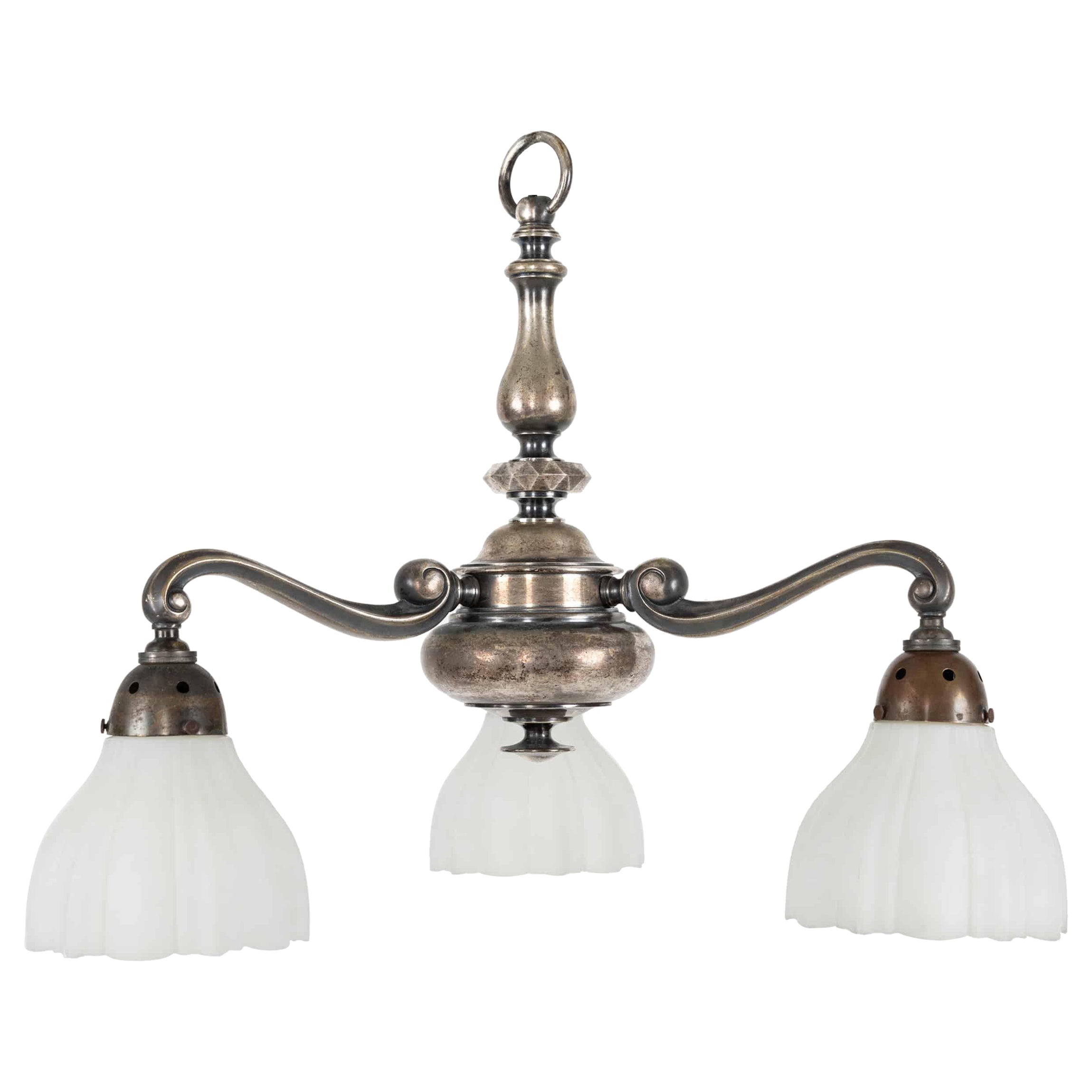 Lustre à 3 bras en métal argenté, vers 1920 en vente