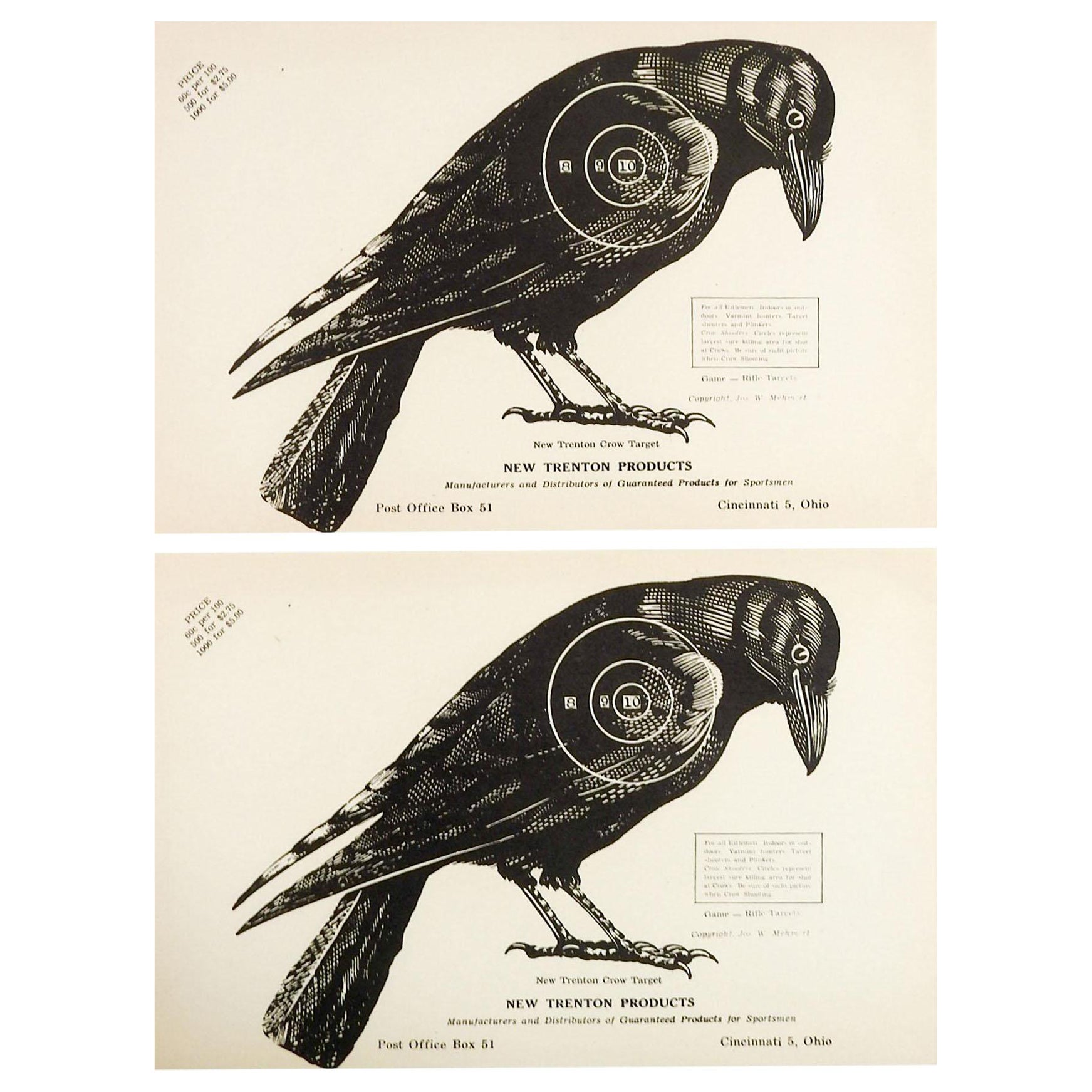 Paire de cibles en papier Trenton noir et blanc Crow Raven des années 1960 en vente