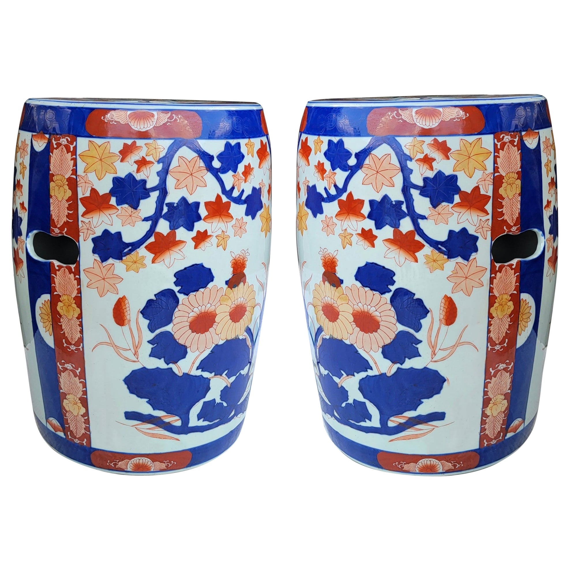 20th-C. Chinese Export Imari Style Blue and Orange Garden Seats / Tables, Pair