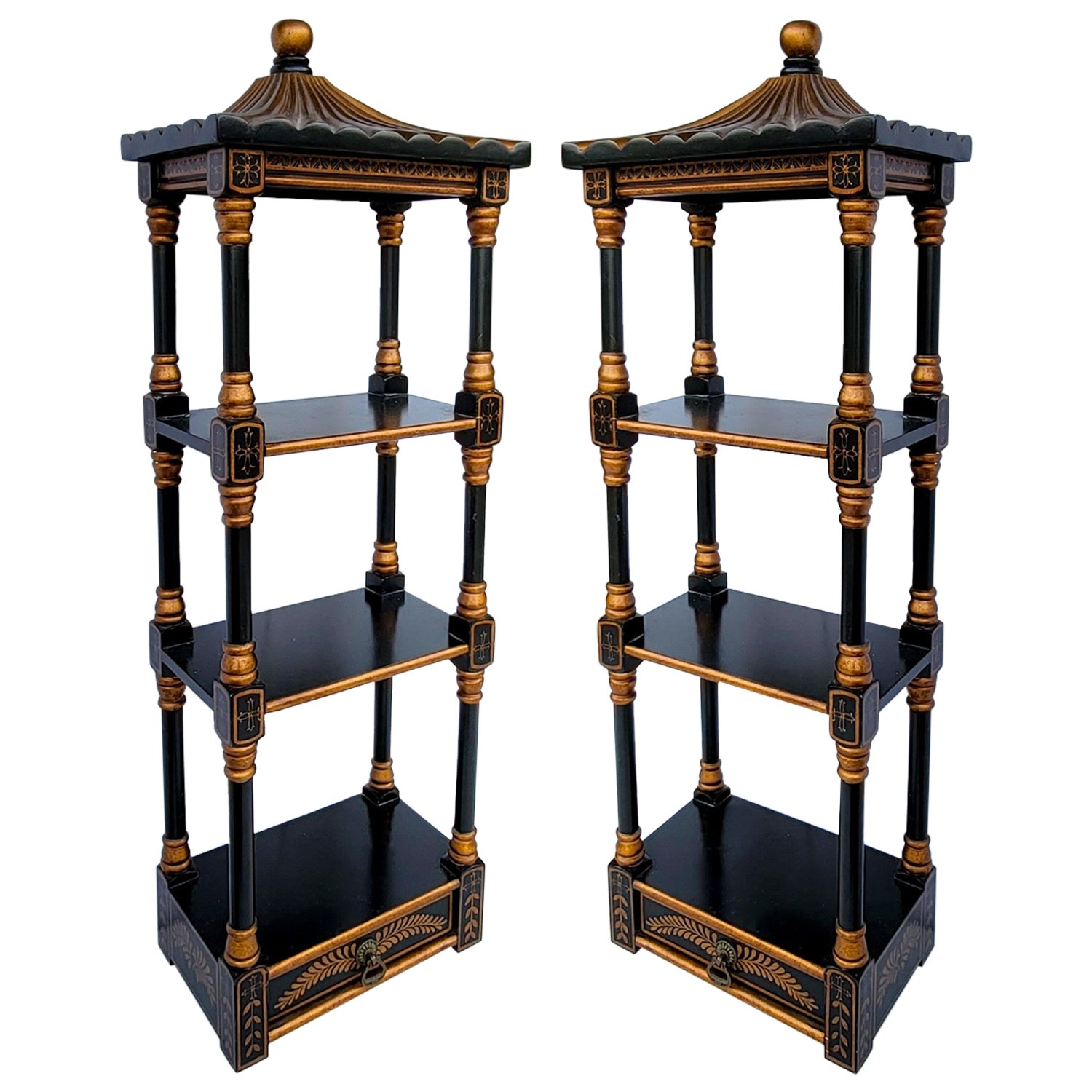 Late 20th-C. Black and Gold Pagoda Form Chinoiserie Wall Shelves -Pair