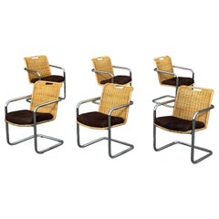 Six Mid Century Wicker and Chrome Dining Chairs Attributed to Harvey Probber