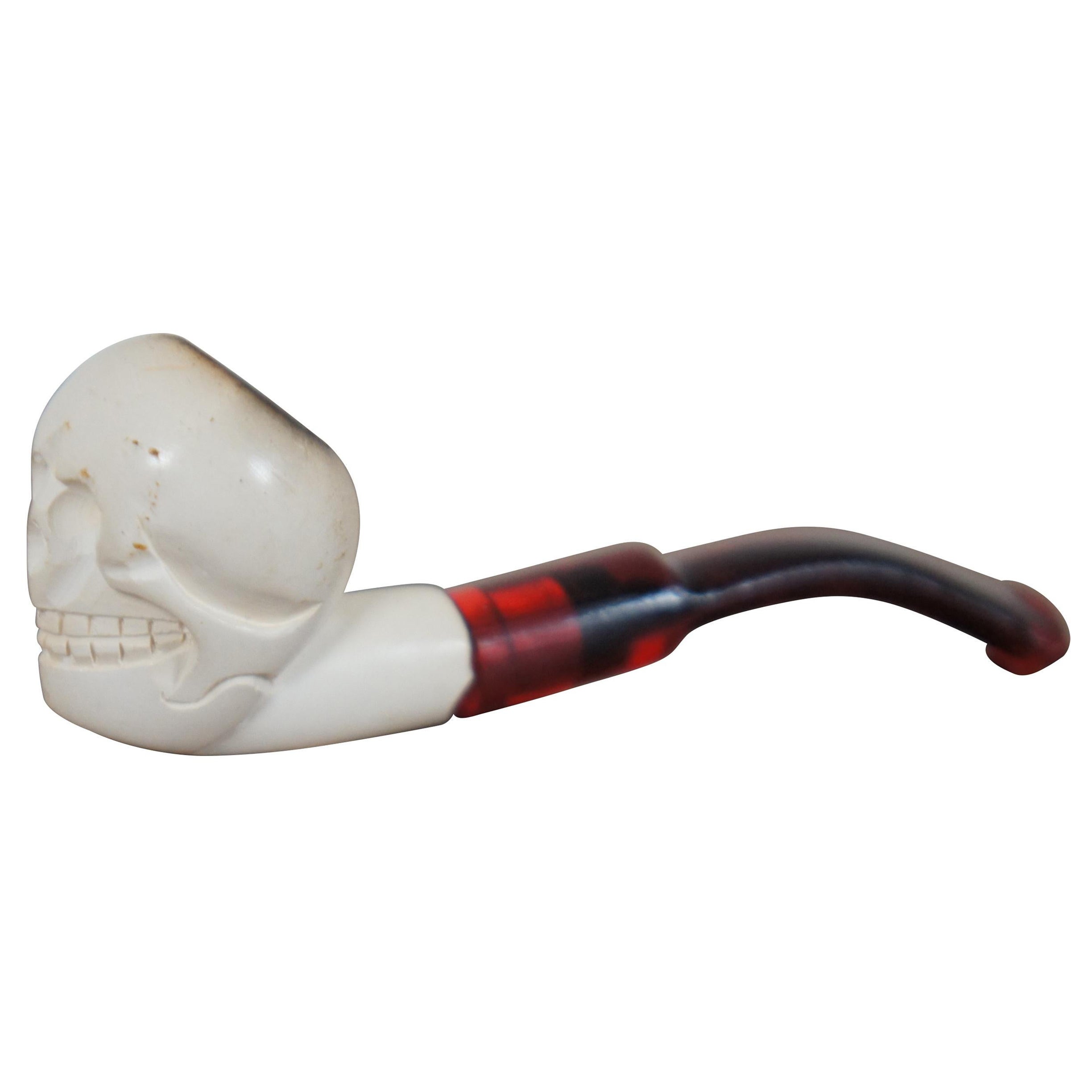 Vintage Handmade Grinning Skull Meerschaum Smoking Pipe Red Stem Skeleton