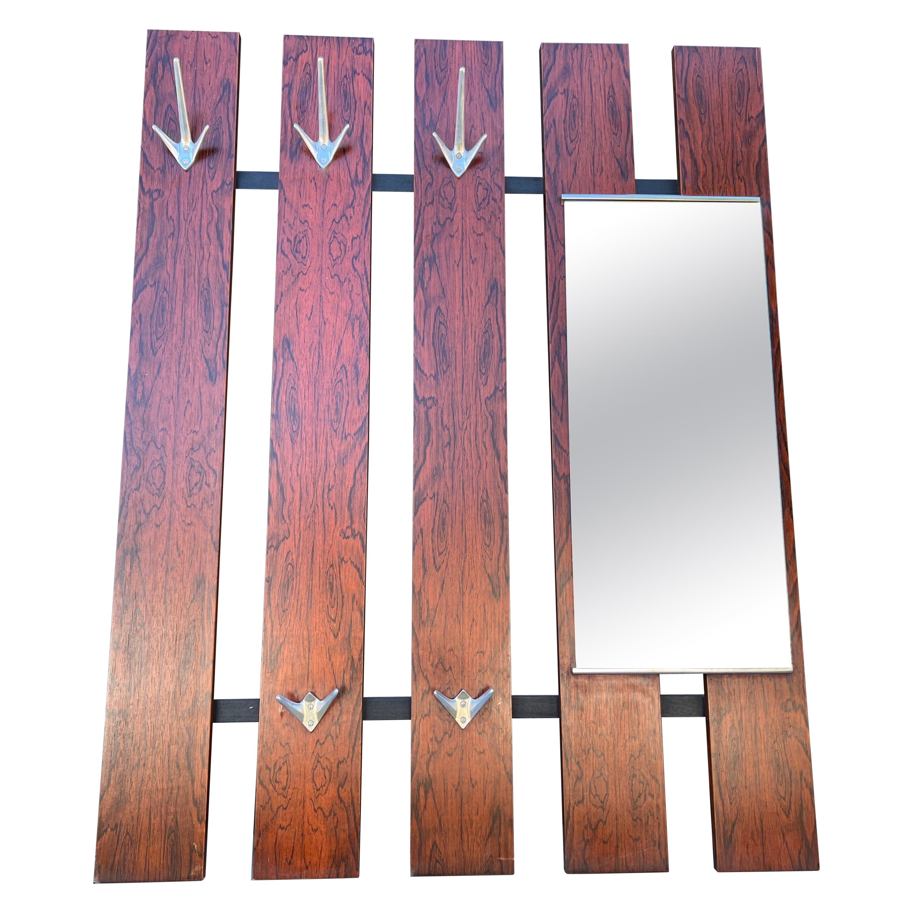 Large Mid-Century Modern Teak Slats Wall Mount Hall Coat Rack with Mirror, 1960s For Sale