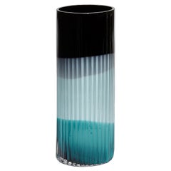 Plissé vase in Black, Turquoise & Light Blue, a glass vase by Lena Bergström