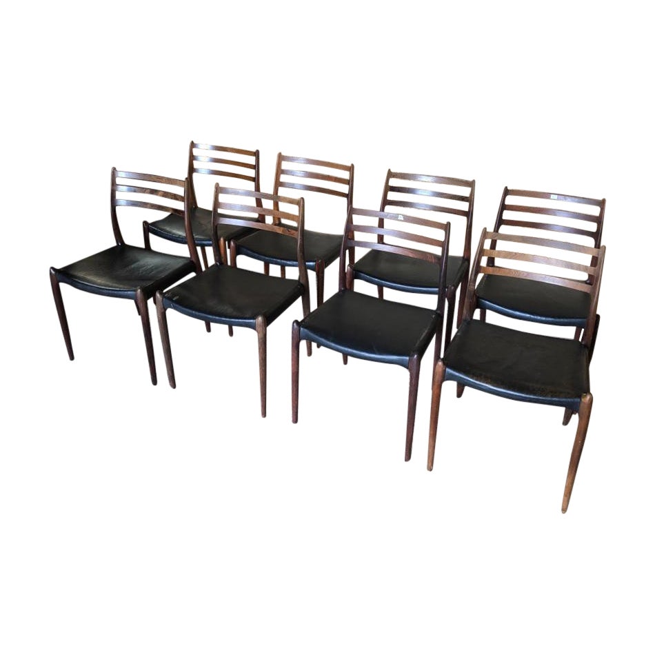 Ensemble de 8 chaises de salle à manger Niels Otto Moller 1962 avec cuir noir d'origine
