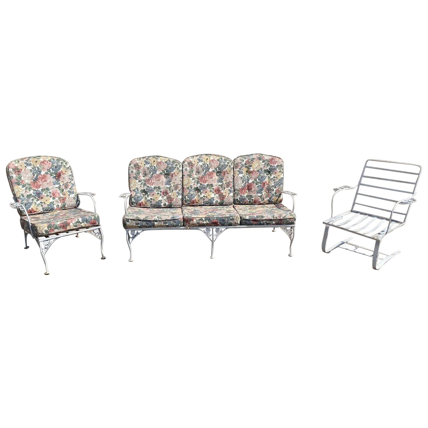 Vintage Meadowcraft Dogwood Wrought Iron Garden Patio Set Sofa Chairs, 3 Pc Set For Sale